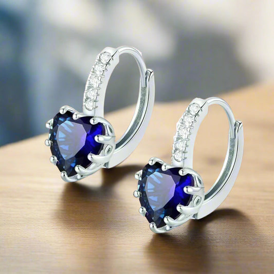 Feshionn IOBI Earrings White Gold Heart Shaped Midnight Blue Diamond CZ Solitaire Hoop Earrings