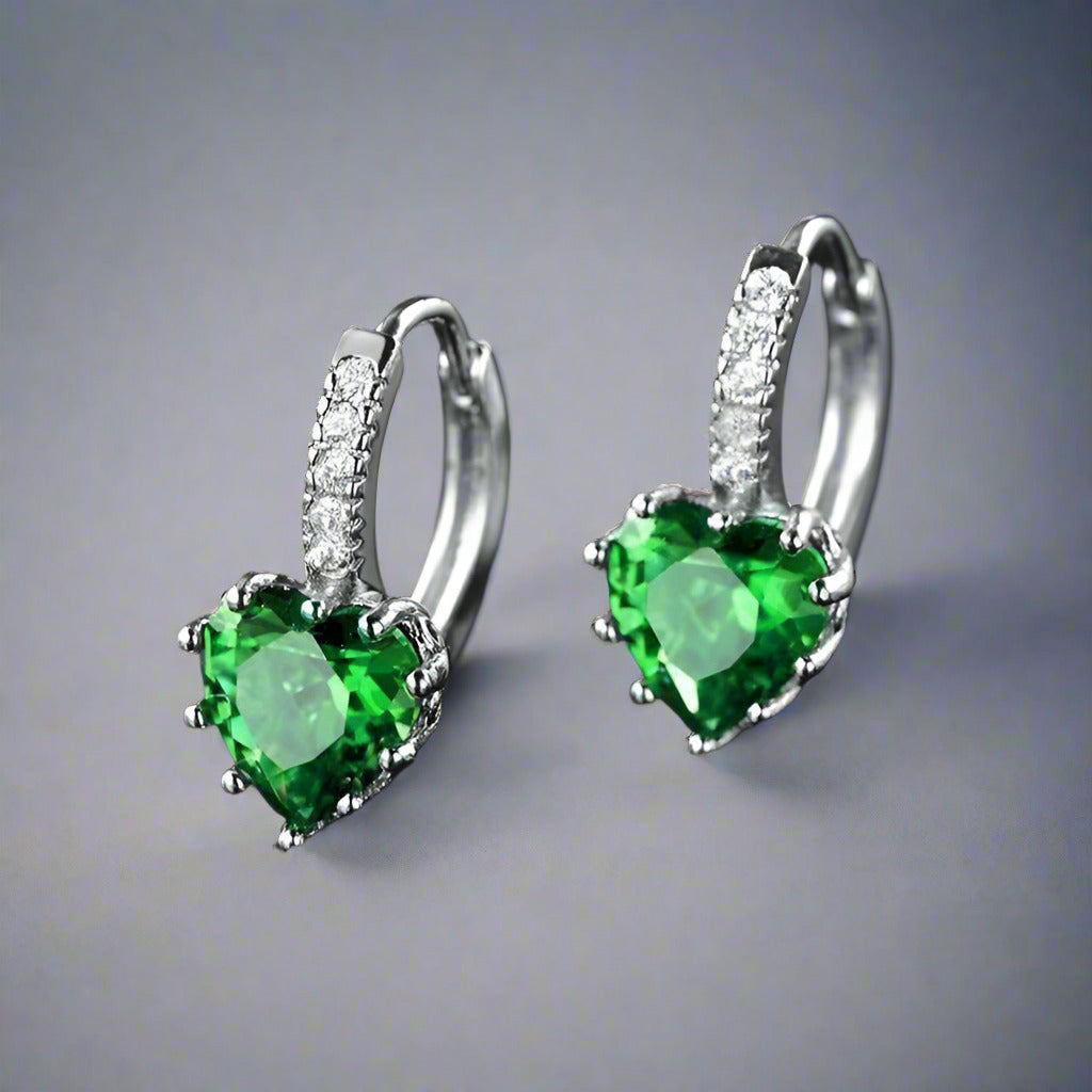 Feshionn IOBI Earrings White Gold Heart Shaped Spring Green Diamond CZ Solitaire Hoop Earrings