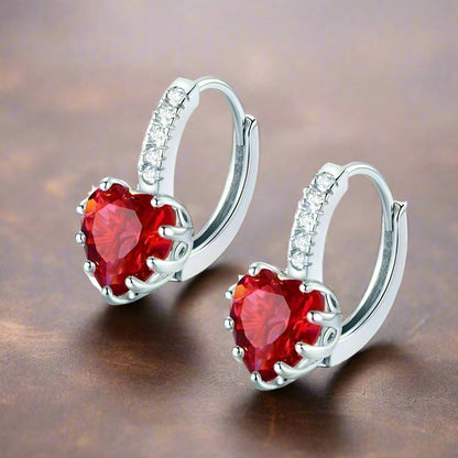 Feshionn IOBI Earrings White Gold ON SALE - Heart Shaped Cabernet Red Diamond CZ Solitaire Hoop Earrings