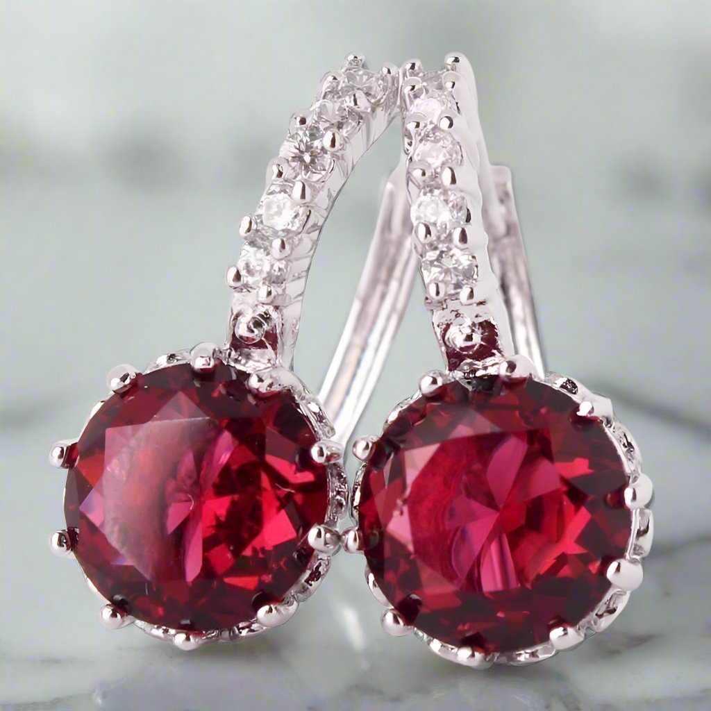 Feshionn IOBI Earrings White Gold plated Ruby Red CZ Solitaire White Or Yellow Gold Hoop Earrings