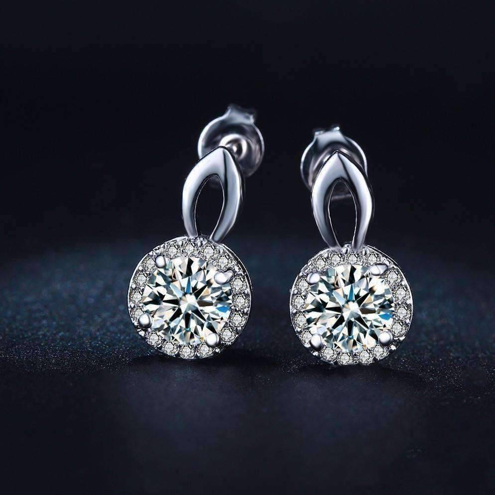 Feshionn IOBI Earrings White Gold "Seraphine" Halo Set .75 CT Cubic Zirconia Drop Stud Earrings