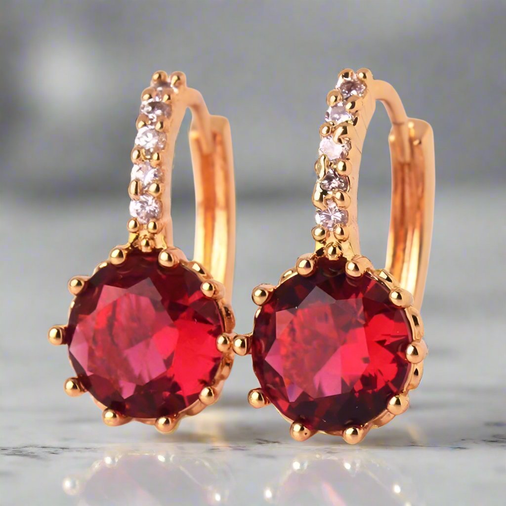 Feshionn IOBI Earrings Yellow Gold plated Ruby Red CZ Solitaire White Or Yellow Gold Hoop Earrings