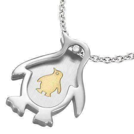 Feshionn IOBI Necklaces 2cm Happy Inside Stainless Steel Penguin Charm Necklace with CZ Accents - 2 Sizes to Choose