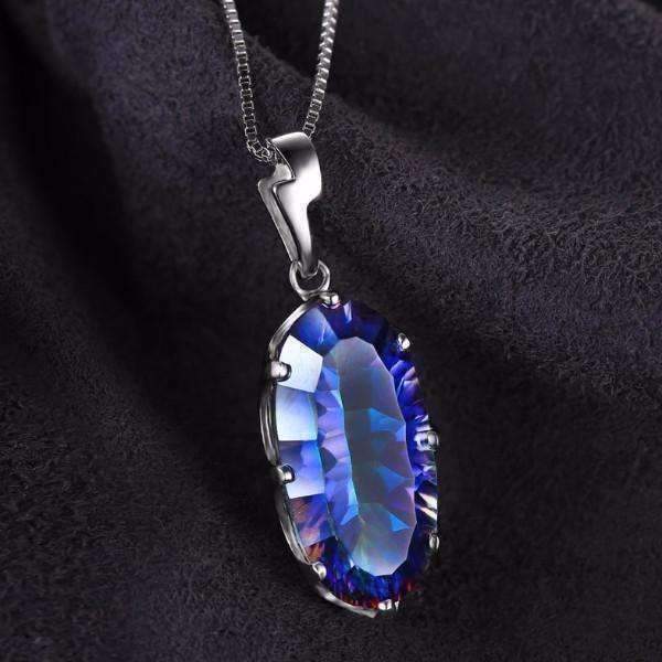 Feshionn IOBI Necklaces Blue Rainbow Fire Mystic Oval Cut Pendant Mystic Blue Rainbow Fire 11.8CT Oval IOBI Precious Gems Pendant Necklace