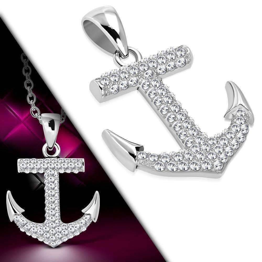 Feshionn IOBI Necklaces CZ Encrusted Mariner's Anchor Stainless Steel Pendant Necklace in Black or White CZ