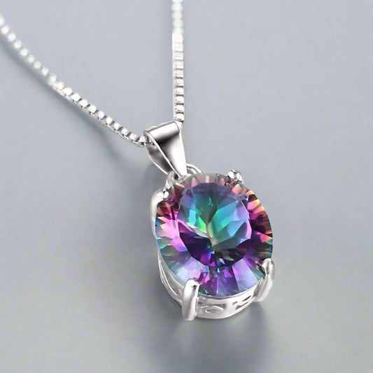 Feshionn IOBI Necklaces Genuine Rainbow Fire Mystic Topaz Oval Cut 4CT IOBI Precious Gems Pendant Necklace