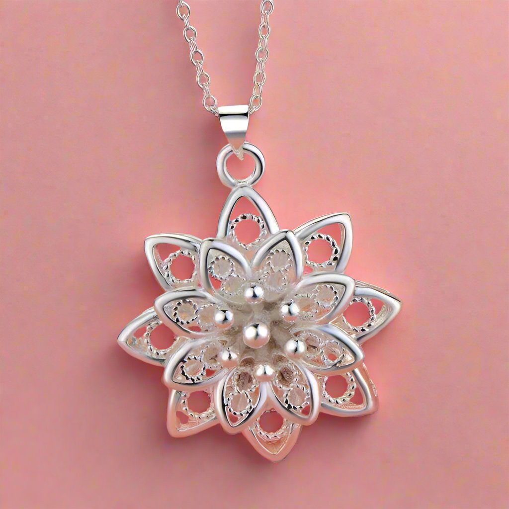 Feshionn IOBI Necklaces Large Sacred Lotus Flower Silver Necklace