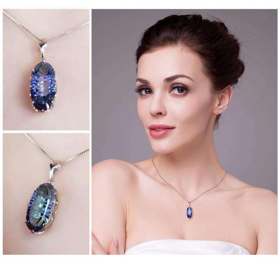 Feshionn IOBI Necklaces Mystic Blue Rainbow Fire 11.8CT Oval IOBI Precious Gems Pendant Necklace