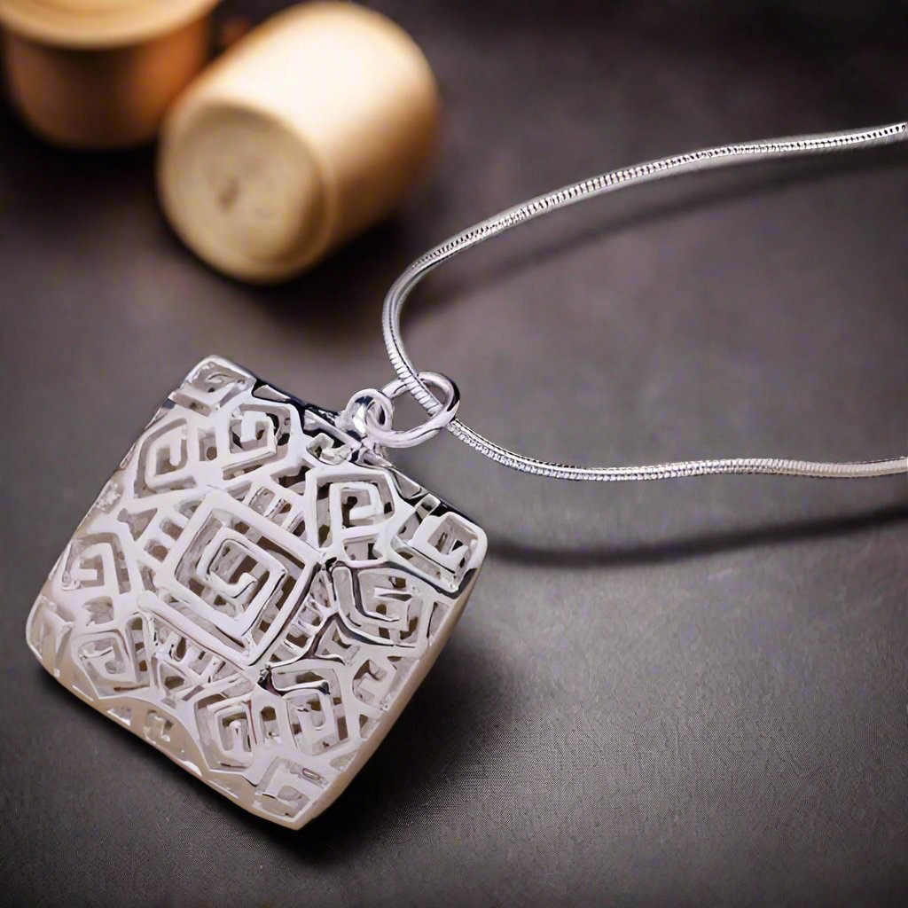 Feshionn IOBI Necklaces ON SALE - Tribal Pattern Cut-Out Square Cage Sterling Silver Necklace