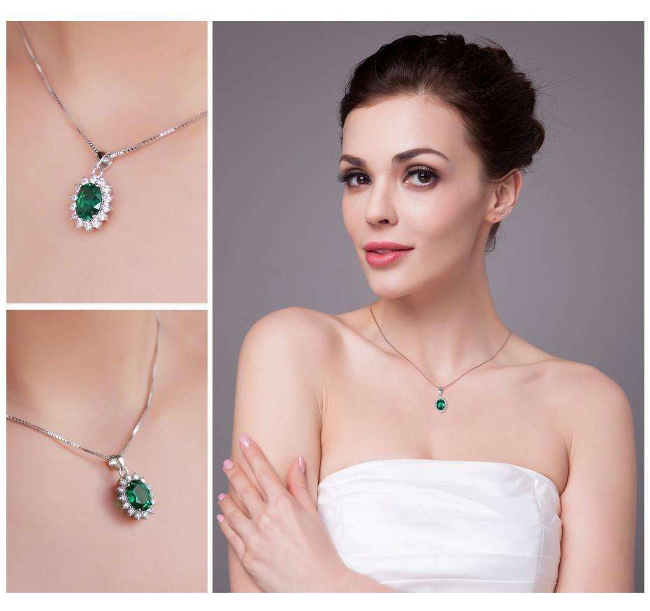 Feshionn IOBI Necklaces Russian Halo Oval Cut 2.5CT Nano Simulated Emerald IOBI Precious Gems Pendant Necklace