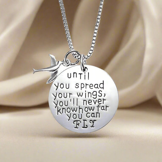 Feshionn IOBI Necklaces Silver ON SALE - "Until You Spread Your Wings, You'll Never Know How Far You Can FLY" Inspirational Charm Necklace