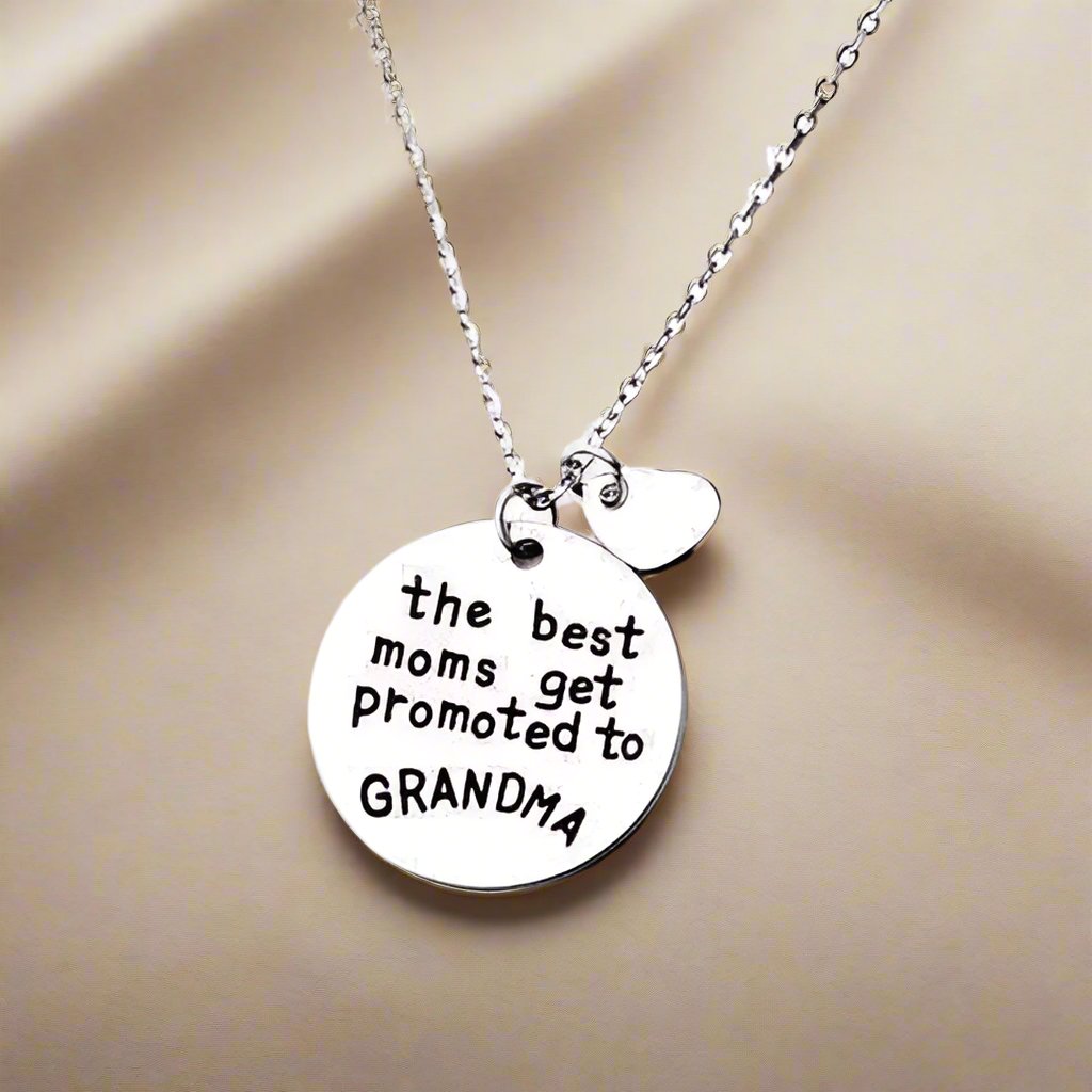 Feshionn IOBI Necklaces Silver "The Best Moms Get Promoted to Grandma" Inspirational Stamped Charm Necklace