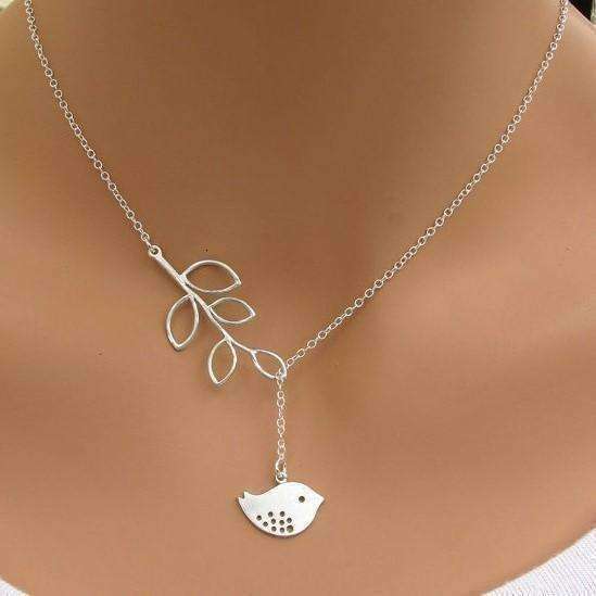 14K White Gold Plated Cute Bird Leaf Vine Thread Necklace for Woman Everyday Wear or Gift