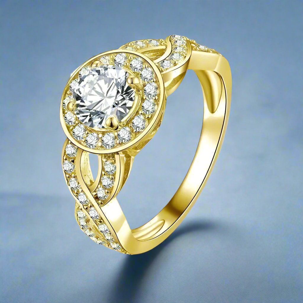 Feshionn IOBI Rings 5 Allura 0.80CT Twisted Halo 10K Solid Yellow Gold IOBI Cultured Diamond Ring