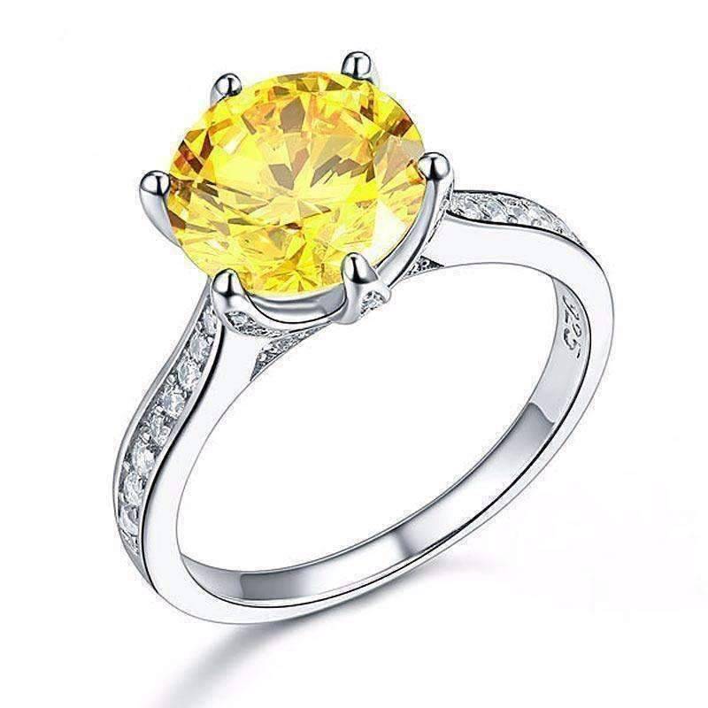 Feshionn IOBI Rings 6 Grande Canary 3CT Simulated Yellow Sapphire Triple Pavé Trellis Solitaire Ring