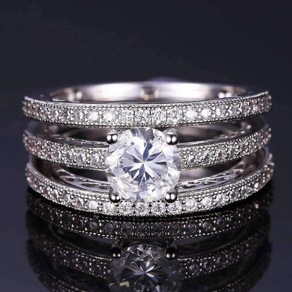 Feshionn IOBI Rings 6 Yesterday, Today and Tomorrow 3 Band Filigree Cubic Zirconia Wedding Ring Set