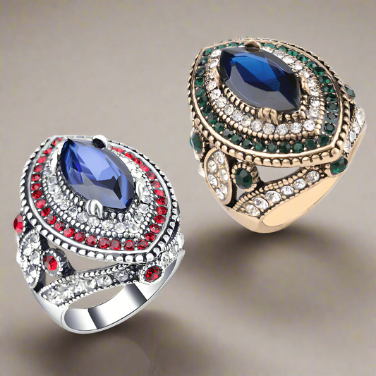 Feshionn IOBI Rings 7 / Emerald ON SALE Esmeralda Oversize Sapphire Blue and Crystal Antique Style Cocktail Ring