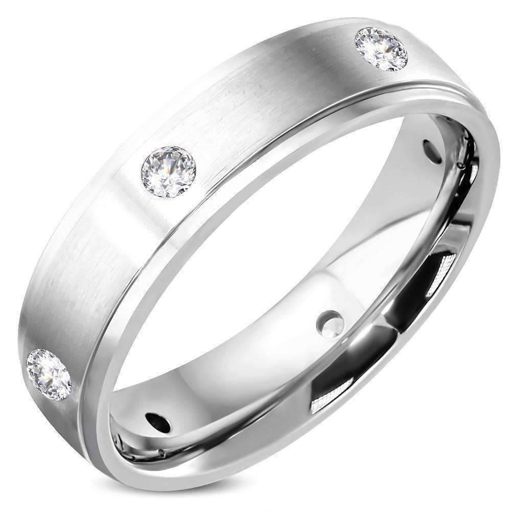 Feshionn IOBI Rings 7 Eternal Satin Finished Men's Stainless Steel CZ Inset Band Ring