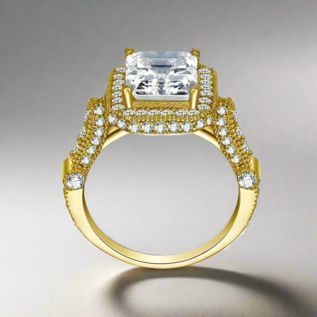 Feshionn IOBI Rings Aurelia D'ora 3CT Emerald Cut Halo 10K Solid Yellow Gold IOBI Cultured Diamond Ring