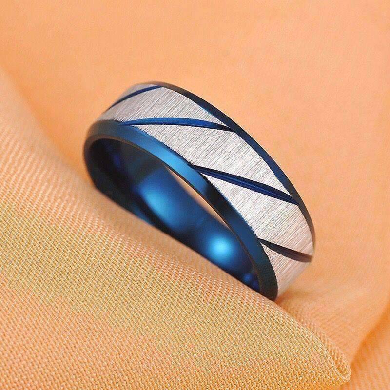 Feshionn IOBI Rings Blue Titanium Etched Men's Wedding Band Ring