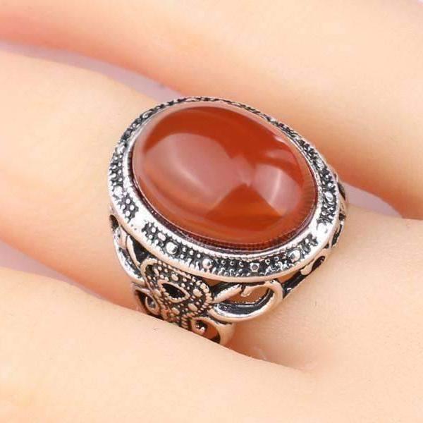 Feshionn IOBI Rings Carnelian Cabochon Silver Cocktail Ring