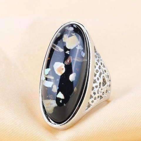 Feshionn IOBI Rings Elongated Abalone Cabochon Heart Cut-Out Silver Ring