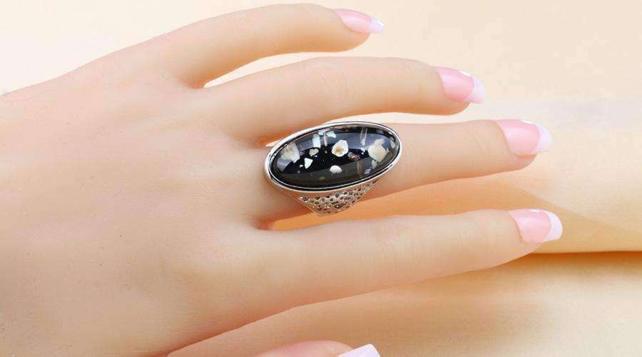 Feshionn IOBI Rings Elongated Abalone Cabochon Heart Cut-Out Silver Ring