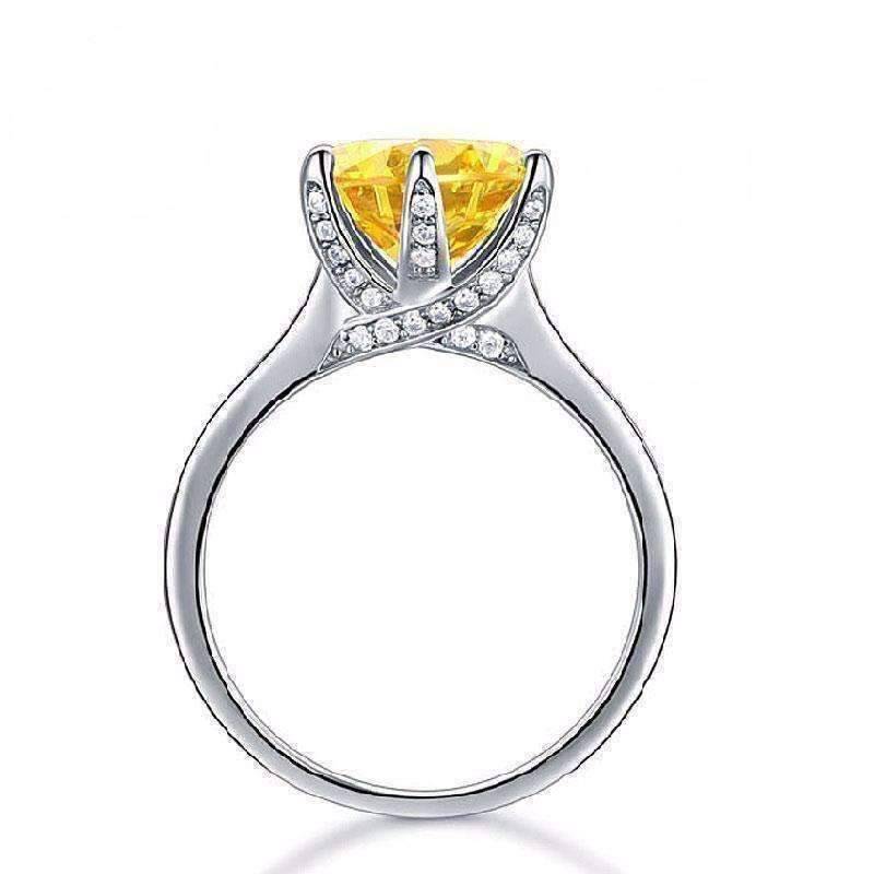 Feshionn IOBI Rings Grande Canary 3CT Simulated Yellow Sapphire Triple Pavé Trellis Solitaire Ring