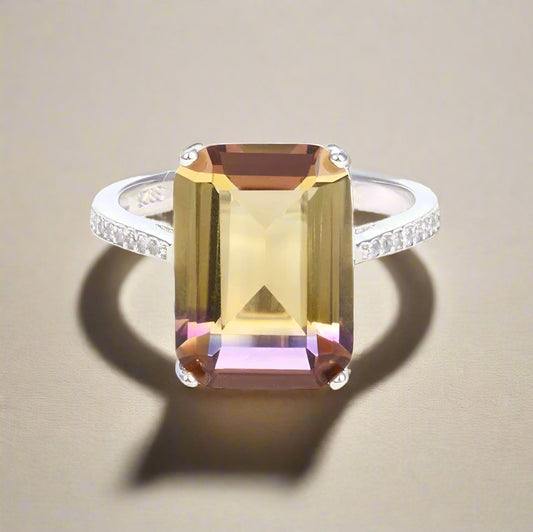 Feshionn IOBI Rings Harmony Emerald Cut Simulated Ametrine Solitaire Ring