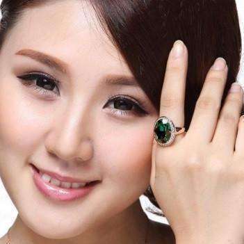 Feshionn IOBI Rings "High Society" Classic Oval Emerald and Diamond Austrian Crystal Halo Cocktail Ring