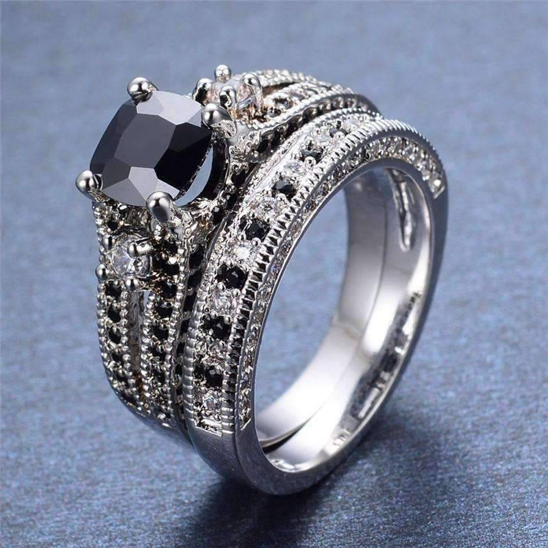 Feshionn IOBI Rings Midnight Rendezvous Black CZ Solitaire Engagement Ring Set