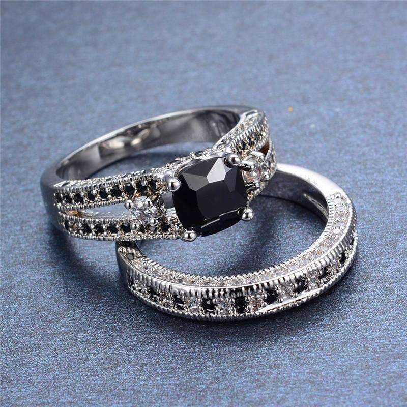 Feshionn IOBI Rings Midnight Rendezvous Black CZ Solitaire Engagement Ring Set