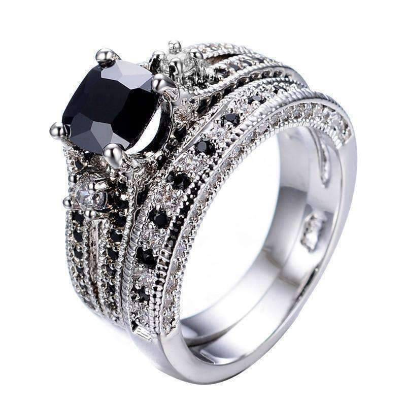 Feshionn IOBI Rings Midnight Rendezvous Black CZ Solitaire Engagement Ring Set