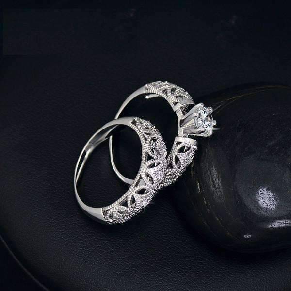 Feshionn IOBI Rings ON SALE - Art Deco Inspired Milgrain Filigree CZ Solitaire Engagement Ring and Band Set - Ring