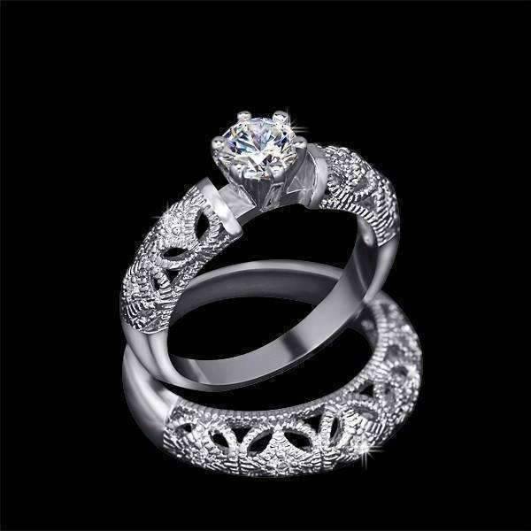 Feshionn IOBI Rings ON SALE - Art Deco Inspired Milgrain Filigree CZ Solitaire Engagement Ring and Band Set - Ring