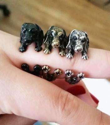 Feshionn IOBI Rings Silver Puppy Love Dachshund Dog Adjustable Animal Wrap Ring