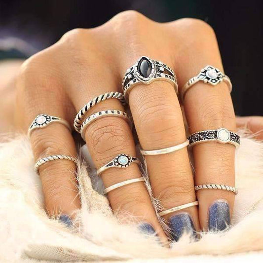 Feshionn IOBI Rings Silver Tone Desert Sky Boho Midi-Knuckle Rings Set of 12 - Silver or Gold