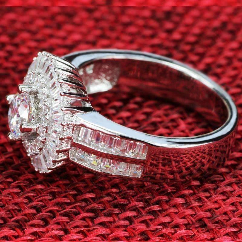 Feshionn IOBI Rings Sunburst Baguette Cubic Zirconia Halo Sterling Silver Cocktail Ring