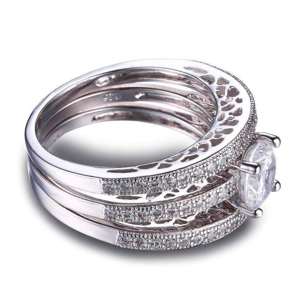 Feshionn IOBI Rings Yesterday, Today and Tomorrow 3 Band Filigree Cubic Zirconia Wedding Ring Set