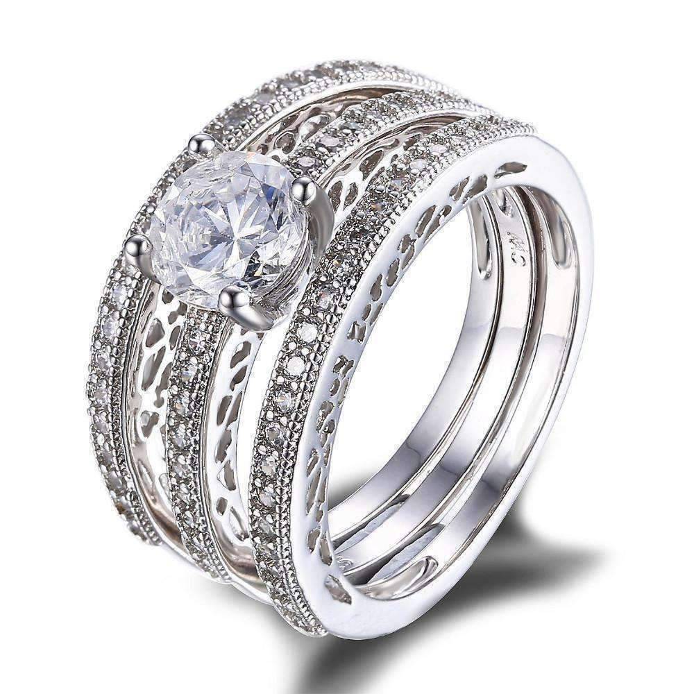 Feshionn IOBI Rings Yesterday, Today and Tomorrow 3 Band Filigree Cubic Zirconia Wedding Ring Set