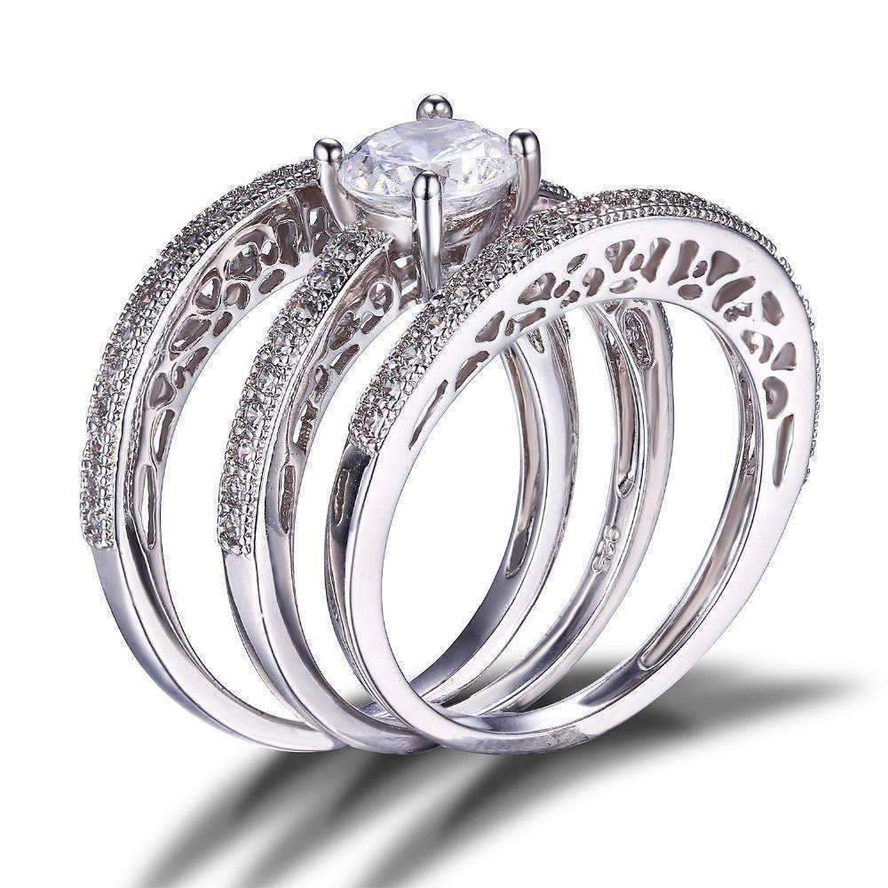 Feshionn IOBI Rings Yesterday, Today and Tomorrow 3 Band Filigree Cubic Zirconia Wedding Ring Set