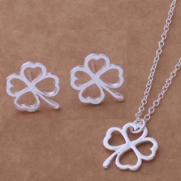 Feshionn IOBI Sets Four Leaf Clover Silhouette Sterling Silver Necklace and Earrings Set