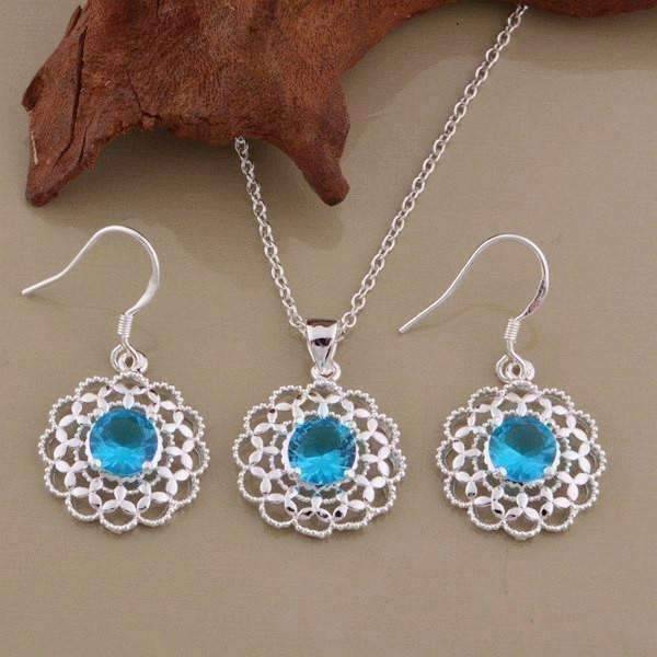 Feshionn IOBI Sets Silver Aqua CZ Sterling Silver Filigree Medallion Matching Necklace and Earring Set