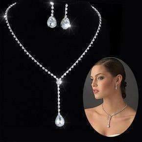 Feshionn IOBI Sets White Gold Teardrop Crystal Choker Necklace and Earring Set