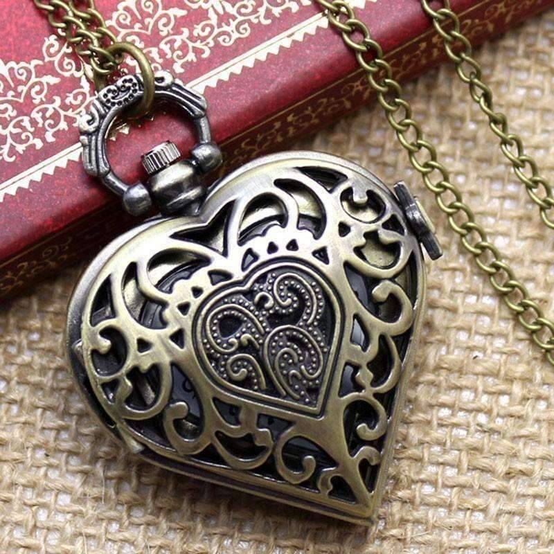 Feshionn IOBI Watches Antique Bronze Heart Locket Pocket Watch