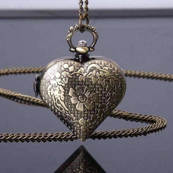 Feshionn IOBI Watches Antique Bronze Heart Locket Pocket Watch