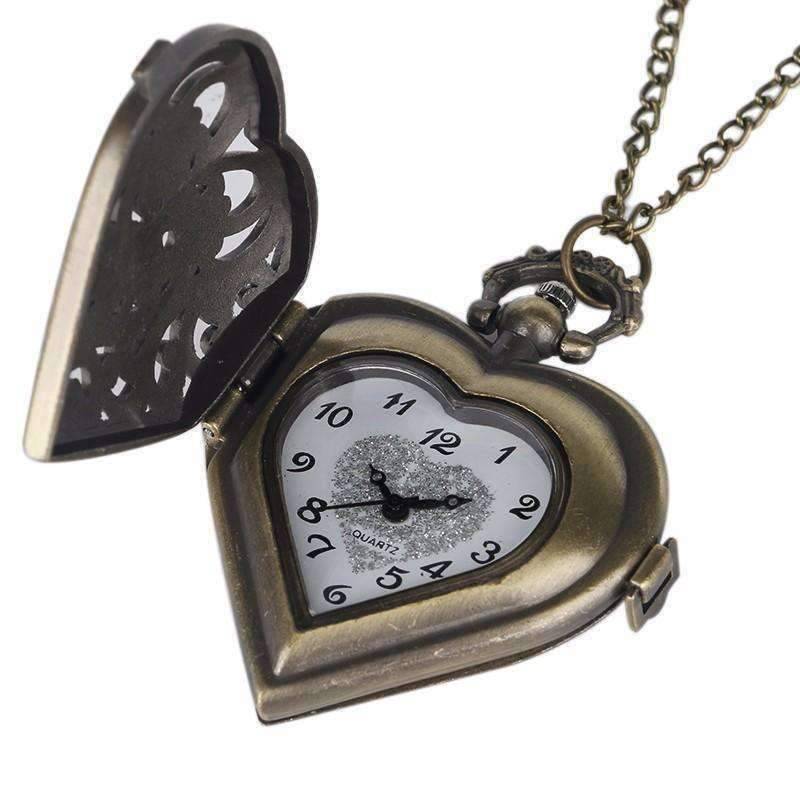 Feshionn IOBI Watches Antique Bronze Heart Locket Pocket Watch