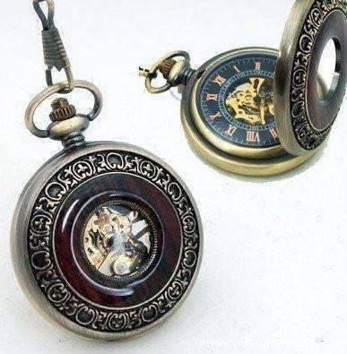 Feshionn IOBI Watches Bronze and Wood Antique Style Steampunk Skeleton Pocket Watch