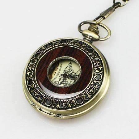 Feshionn IOBI Watches Bronze and Wood Antique Style Steampunk Skeleton Pocket Watch