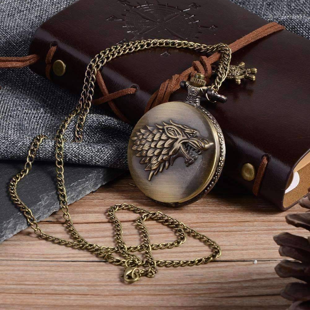 Feshionn IOBI Watches Bronze Stark Throne Wolf Embossed Bronze Pocket Watch - Silver or Bronze